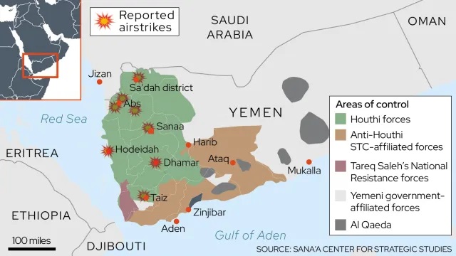 استهدفت الغارات الجوية البريطانية والأمريكية عشرات المواقع في المناطق التي يسيطر عليها الحوثيون في اليمن