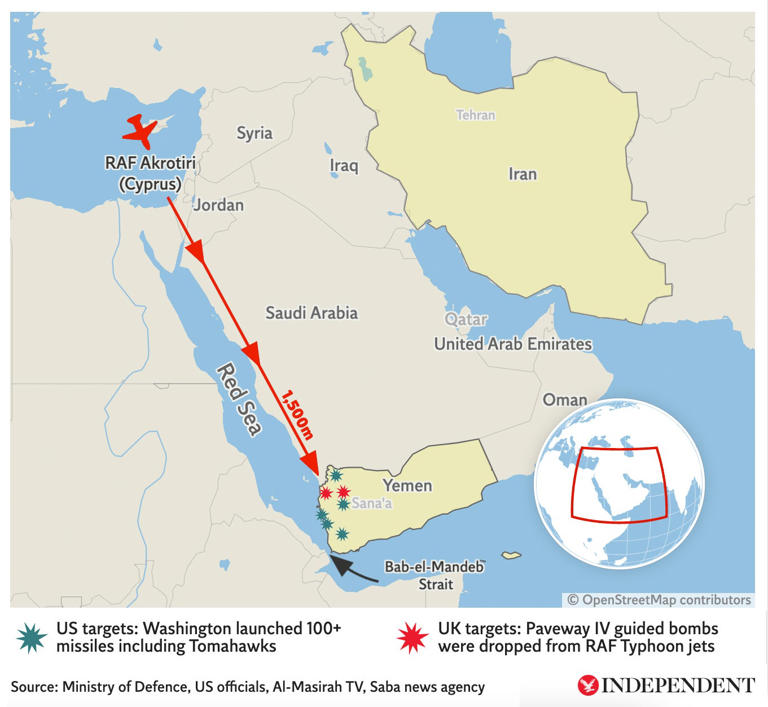 خريطة توضح المواقع الحوثية التي استهدفتها المقاتلات البريطانية والامريكية
