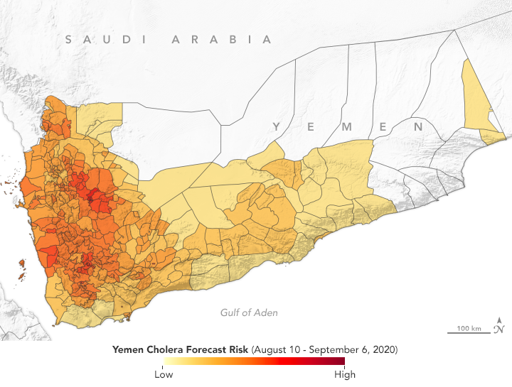 خارطة تحذيرية من (ناسا) توضح مناطق تفشي الكوليرا في اليمن 